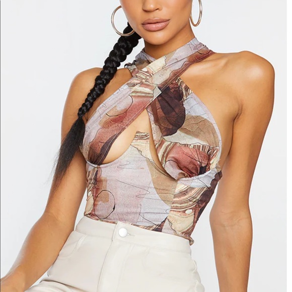 PrettyLittleThing Tops - Beige Woven Abstract Print Cross Over Top